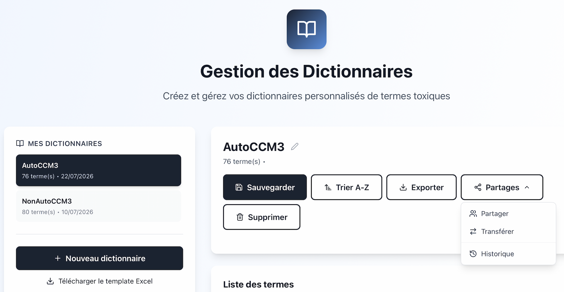 Modale de partage d'un dictionnaire